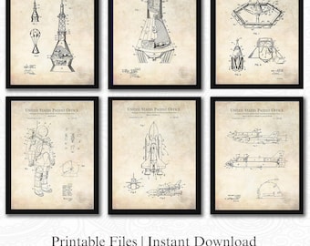 Conjunto de inventos espaciales de la NASA / 6 archivos JPG / Patentes de cohetes, transbordadores y trajes espaciales / Decoración para habitación infantil / Regalo para amantes del espacio / Fondo antiguo