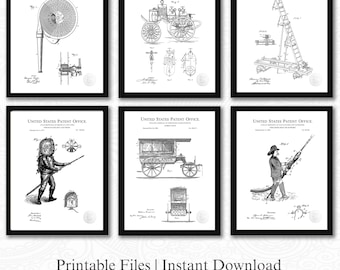 Patentes de equipos históricos contra incendios / Conjunto de 6 descargas JPG / Inventos de los años 1800-1900 / Fondo blanco / Arte mural de estación de bomberos