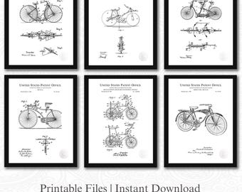 Vintage Bicycle Design Collection | 6 JPG Download | Antique Bike Patents | Sports Room Decor | Gift for Cyclist | White Background