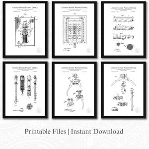 May include: Six framed black and white patent prints. Each print features detailed technical drawings of various inventions. The prints are labeled "United States Patent Office." The bottom of the image reads "Printable Files | Instant Download."
