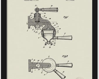 Puede incluir: Ilustración enmarcada de la patente de una máquina de café espresso, con fecha del 11 de marzo de 1930. El diagrama en blanco y negro muestra componentes mecánicos detallados, incluyendo manijas y un filtro. El texto dice "United States Patent Office" y "Espresso Coffee Machine".