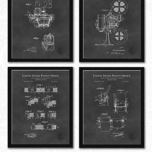 May include: Four framed patent prints on a dark background. The prints feature detailed technical drawings of a popcorn machine, a motion picture projector, and other related inventions. The text "UNITED STATES PATENT OFFICE" is visible on each print.