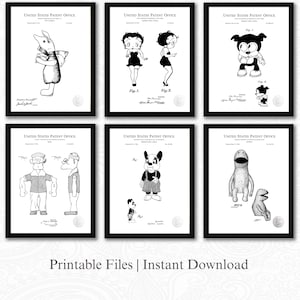 Patentes de juguetes de dibujos animados clásicos / 6 descargas de imágenes JPG / Fondo blanco / Decoración de pared para habitación infantil / Muñecas de personajes queridos / Decoración de juguetes retro