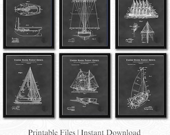 Historic Sailboat Patent Set  | Set of 6 Digital Downloads | Chalkboard Background | Nautical Decor | Sailing Art | Gift for Boat Lover