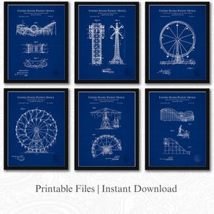 Vintage Amusement Ride Patent Collection | 6 JPG Downloads | Ferris Wheel & Roller Coaster Art | Carnival Wall Decor | Blueprint Background