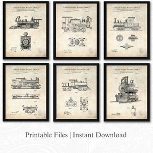 Vintage Locomotive Patent Prints | Set of 6 JPG Image Downloads | Antique Background | 3 Ratios: 16 Files Included | Instant Download