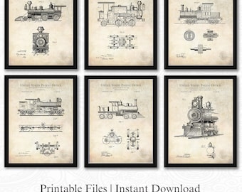 Vintage Locomotive Patent Prints | Set of 6 JPG Image Downloads | Antique Background | 3 Ratios: 16 Files Included | Instant Download