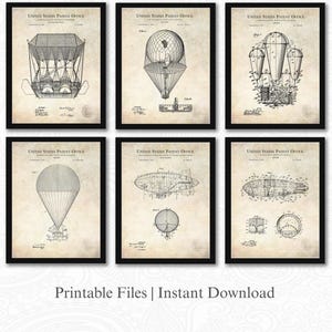May include: Six framed vintage patent prints of airships and balloons. Each print features detailed technical drawings in black ink on a beige background, with the words "United States Patent Office" at the top. The phrase "Printable Files | Instant Download" is at the bottom.
