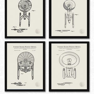 Federation Starship Patent Set | 4 JPG Files | 80&#39;s Sci-fi Memorabilia | Gift for Star Trek Fan | Trekkie Decor | Linen Background