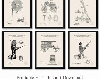 Patentes de equipos históricos contra incendios / Conjunto de 6 descargas JPG / Inventos de los años 1800-1900 / Fondo de lino / Arte mural de estación de bomberos