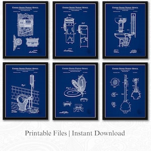 Vintage Toilet Patent Prints | Set of 6 JPG Image Downloads | Blueprint Background | 3 Ratios: 16 Files Included | Instant Download