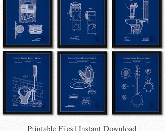 Vintage Toilet Patent Prints | Set of 6 JPG Image Downloads | Blueprint Background | 3 Ratios: 16 Files Included | Instant Download