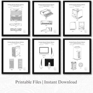 Puede incluir: Seis impresiones enmarcadas en blanco y negro de patentes de computadoras antiguas. Las impresiones están etiquetadas como "United States Patent Office" e incluyen diagramas de diseños de computadoras antiguas. El texto "Printable Files | Instant Download" está en la parte inferior.