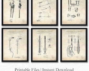 Plumbing Patent Collection | Ready to Print Downloads | Workshop Wall Decor | Gift for Plumber | Linen Background