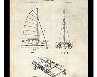 1963 Catamaran Patent | Digital Download | Vintage Sailboat Wall Art | Nautical Decor | Gift for Sailor or Boat Builder | Antique Background
