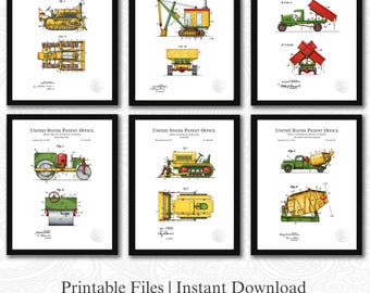 Vintage Construction Equipment Patent Collection | Set of 6 Construction Patent Prints | White Background | 3 Ratios: 16 Files