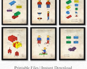 Classic Building Block Patents | 6 JPG Image Downloads | Antique Background | Game Room Wall Art | Digitally Colored | Classic Toy Decor