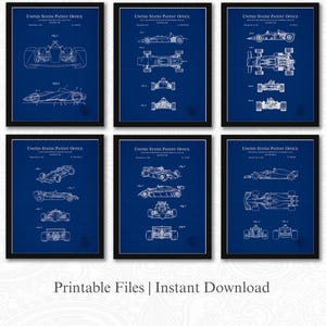 Pode incluir: Seis plantas de patentes de carros de corrida emolduradas sobre um fundo azul. Cada moldura apresenta desenhos técnicos detalhados de diferentes designs de carros de corrida. O texto "United States Patent Office" está no topo de cada moldura. A parte inferior da imagem diz "Printable Files | Instant Download."