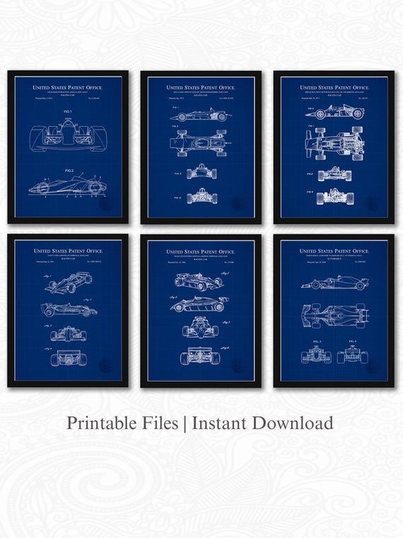Formula 1 Patent Collection | Set of 6 JPG Images | Blueprint Background | 3 Ratios: 16 Files Included | Gift for Racing Enthusiast