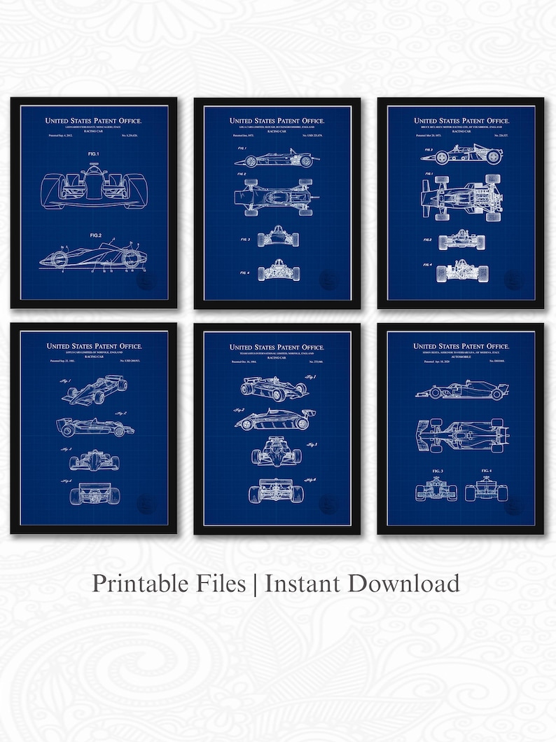 Pode incluir: Seis plantas de patentes de carros de corrida emolduradas sobre um fundo azul. Cada moldura apresenta desenhos t&eacute;cnicos detalhados de diferentes designs de carros de corrida. O texto "United States Patent Office" est&aacute; no topo de cada moldura. A parte inferior da imagem diz "Printable Files | Instant Download."