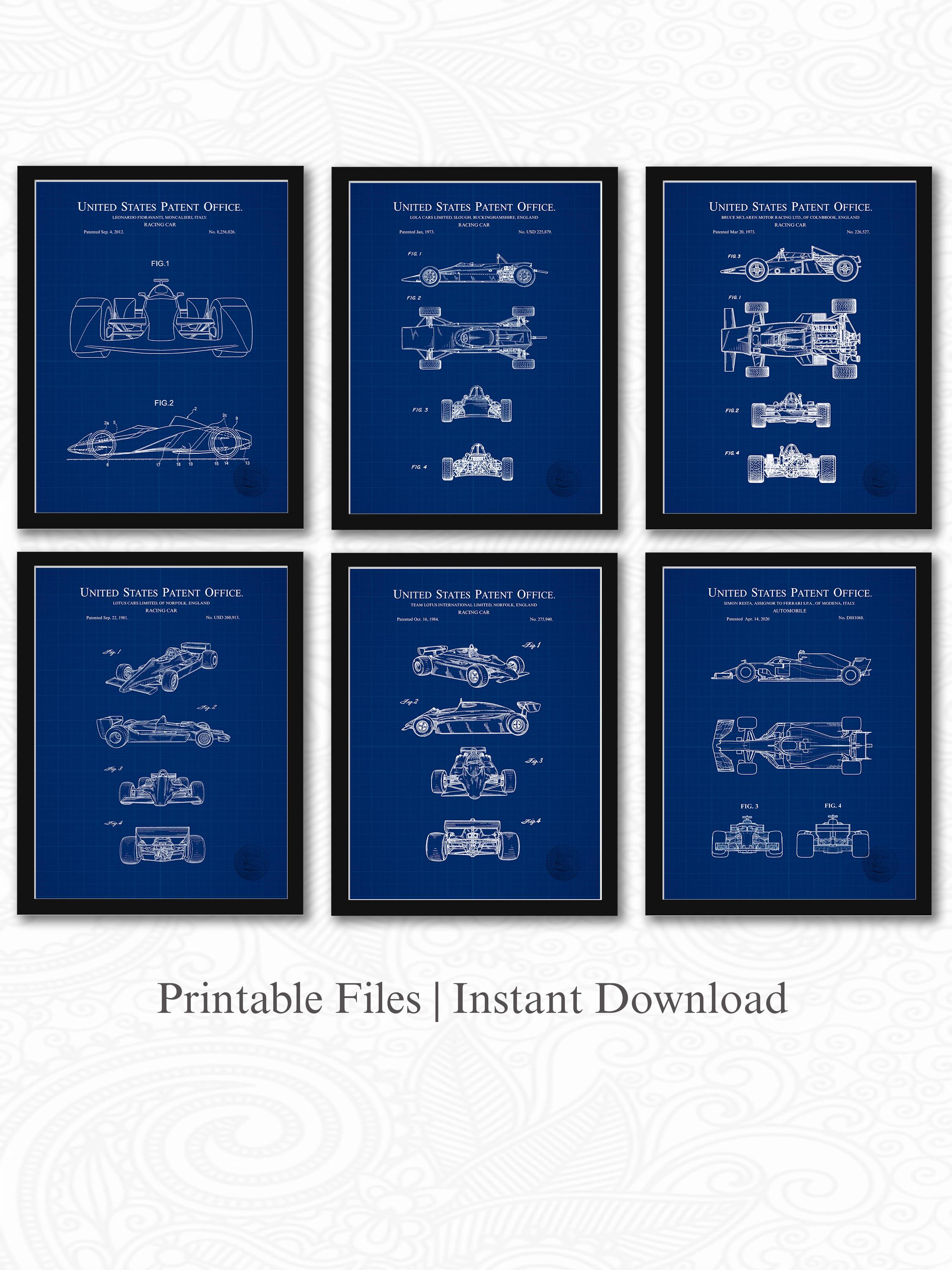 Formula 1 Patent Collection | Set of 6 JPG Images | Blueprint Background | 3 Ratios: 16 Files Included | Gift for Racing Enthusiast