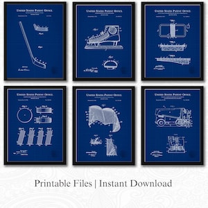 Vintage Hockey Patent Collection | 6 JPG Downloads | Antique Sports Wall Art | Gift for Hockey Fans | Blueprint Background