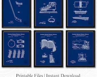Vintage Hockey Patent Collection | 6 JPG Downloads | Antique Sports Wall Art | Gift for Hockey Fans | Blueprint Background