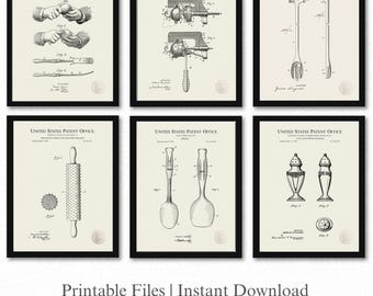 Kitchen Appliance Patents | Set of 6 JPG Image Downloads | Linen Background | Retro Kitchen Decor | Gift for Chef | Culinary Art