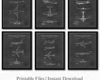 Patentes de aviones comerciales clásicos / Conjunto de 6 descargas de imágenes JPG / Fondo de pizarra / 3 proporciones: 16 archivos incluidos / Descarga instantánea
