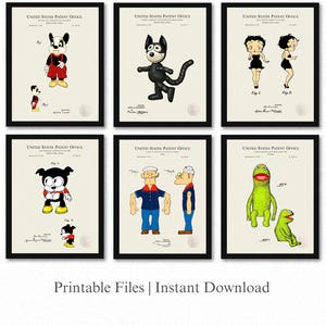 Classic Cartoon Toy Patents | 6 JPG Image Downloads | Linen Background | Nursery Wall Art | Beloved Character Dolls | Digitally Colored