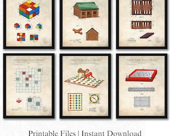 Retro Toy & Game Patents | 6 JPG Image Downloads | Antique Background | Playroom Wall Art | Digitally Colored | Retro Toy Decor