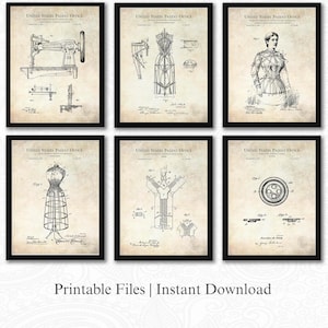 May include: Six framed vintage patent prints featuring sewing and dressmaking designs. The prints include a sewing machine, dress forms, and a button design. The text "UNITED STATES PATENT OFFICE" is at the top of each print. The phrase "Printable Files | Instant Download" is at the bottom.