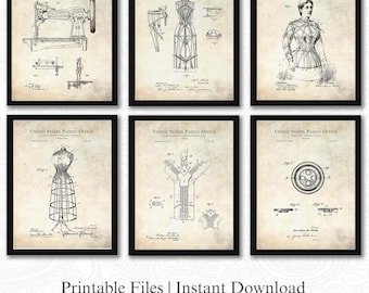 Könnte beinhalten: Sechs gerahmte Vintage-Patentdrucke mit Näh- und Schneiderentwürfen. Die Drucke zeigen eine Nähmaschine, Schneiderpuppen und ein Knopflayout. Der Text "UNITED STATES PATENT OFFICE" steht oben auf jedem Druck. Der Satz "Printable Files | Instant Download" steht unten.