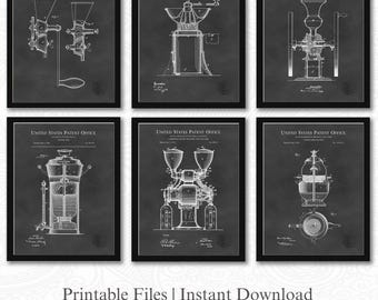 Classic Coffee Designs | Set of 6 Patent Downloads | Chalkboard Background | Barista Wall Art | Rustic Kitchen Decor | Gift for Coffee Lover