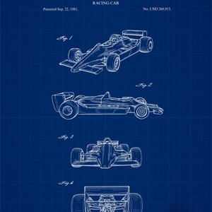 Pode incluir: Planta de um carro de corrida, apresentando v&aacute;rias vistas do ve&iacute;culo. A imagem &eacute; uma ilustra&ccedil;&atilde;o de patente do United States Patent Office, com o texto "LOTUS CARS LIMITED, OF NORFOLK, ENGLAND RACING CAR". O fundo &eacute; uma grade azul.