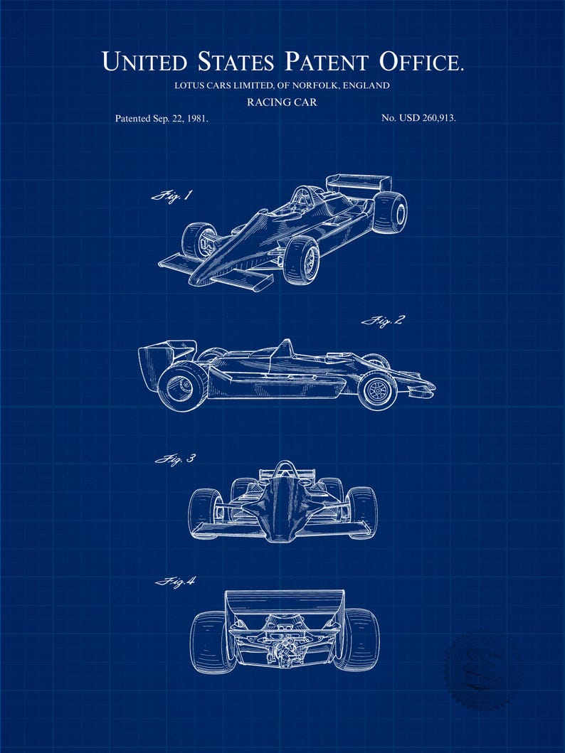 Pode incluir: Planta de um carro de corrida, apresentando v&aacute;rias vistas do ve&iacute;culo. A imagem &eacute; uma ilustra&ccedil;&atilde;o de patente do United States Patent Office, com o texto "LOTUS CARS LIMITED, OF NORFOLK, ENGLAND RACING CAR". O fundo &eacute; uma grade azul.
