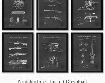 Patentes de armas militares históricas / Descargas de 6 imágenes JPG / Fondo de pizarra / Decoración bélica vintage / Regalo para coleccionistas del ejército