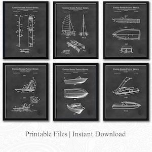 May include: Six framed patent prints of various watercraft designs, including sailboats, speedboats, and a jet ski. Each print is a white technical drawing on a dark gray background, with the words "UNITED STATES PATENT OFFICE" at the top. The bottom of the image reads "Printable Files | Instant Download."