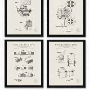 May include: Four framed patent prints featuring vintage designs. The prints showcase a popcorn machine, a motion picture projector, a popcorn machine, and a theater chair. Each print is black and white with detailed technical drawings.