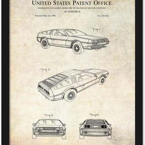 May include: Patent print of a DeLorean automobile, featuring multiple views of the car's design. The print includes the text "UNITED STATES PATENT OFFICE" and "GIORGETTO GIUGIARO ASSIGNOR TO DELOREAN MOTOR COMPANY". The patent date is May 20, 1986.