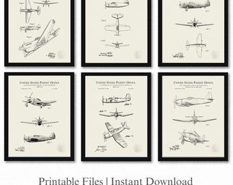 WWII Fighter Aircraft Patents | Set of 6 JPG Image Downloads | Linen Background | 3 Ratios: 18 Files Included | Instant Download