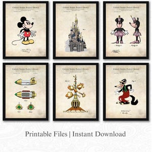 Disney-Charakter und Disneyland Fahrt Patente | Set aus 6 digital farbigen JPG&#39;s | Antiker Hintergrund | 16 Dateien enthalten | Sofort Download
