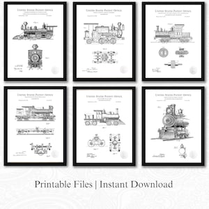 Vintage Locomotive Patent Prints | Set of 6 JPG Image Downloads | White Background | 3 Ratios: 16 Files Included | Instant Download