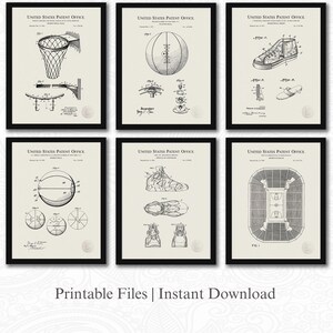Basketball Patent Art Set | 6 JPG Download | Hoop, Shoe & Court Blueprints | Sports Decor | Gift for Basketball Fan | Linen Background