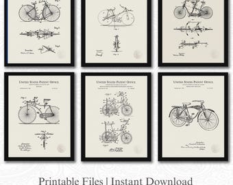 Vintage Bicycle Design Collection | 6 JPG Download | Antique Bike Patents | Sports Room Decor | Gift for Cyclist | Linen Background