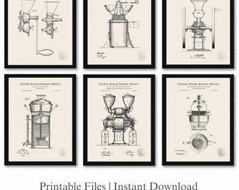Classic Coffee Designs | Set of 6 Patent Downloads | Linen Background | Barista Wall Art | Rustic Kitchen Decor | Gift for Coffee Lover