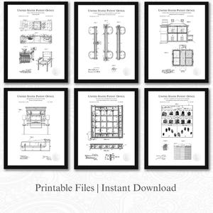 以下が含まれることがあります： 6つのフレームに入った白黒の特許プリント。各プリントには、米国特許庁の詳細な技術図面が掲載されています。プリントは2列3段に配置され、下部に「Printable Files | Instant Download」のテキストがあります。