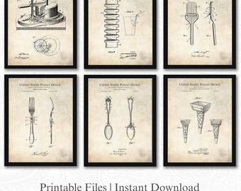 May include: Six framed vintage patent prints featuring kitchen utensils and tools, including a fork, spoon, and ice cream cone maker. The prints are in black and white, with the text "UNITED STATES PATENT OFFICE" at the top. The phrase "Printable Files | Instant Download" is at the bottom.