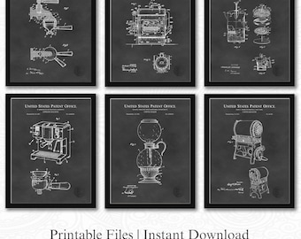 Coffee Equipment Patents | Set of 6 JPG Downloads | Chalkboard Background | Coffee Bar Decor | Gift for Barista | Espresso Wall Art