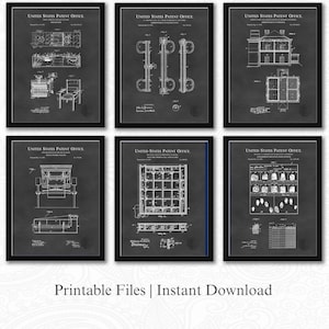 May include: Six framed vintage patent prints from the United States Patent Office, each with detailed technical drawings in white on a dark background. The text "Printable Files | Instant Download" is at the bottom.